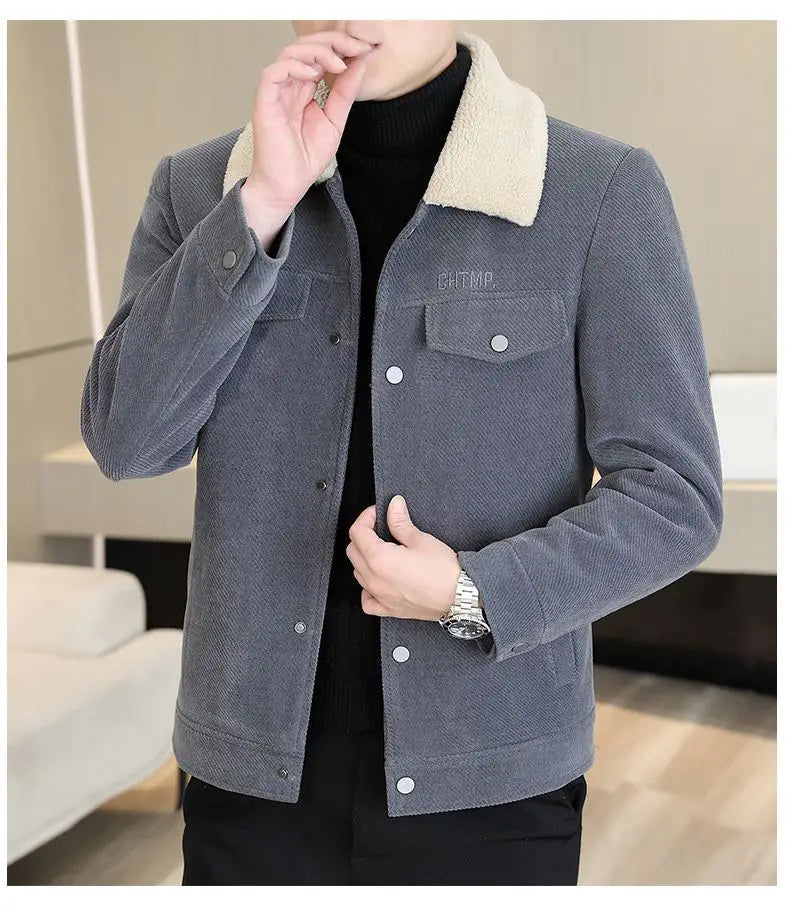Veste en sergé côtelé doublée de peau retournée pour homme, de couleur grise, avec un col de couleur crème et des boutons argentés.