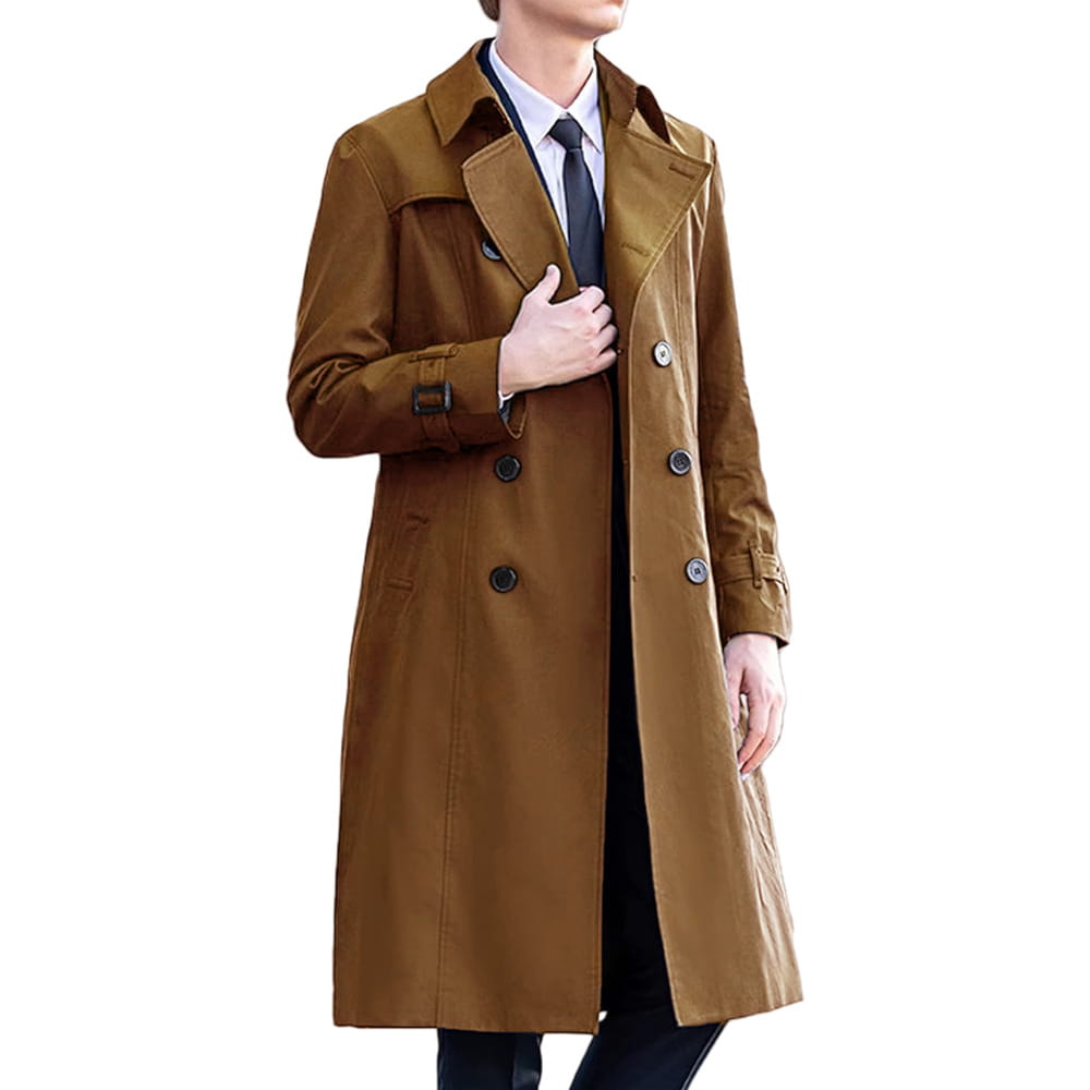 A classic brown solid color long trench coat for men featuring a double-breasted front with black buttons and epaulets.