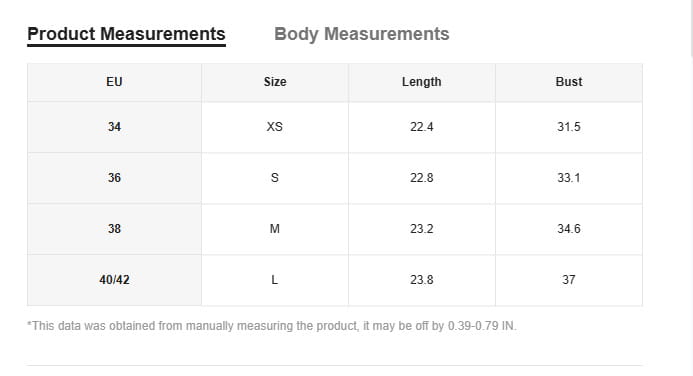 The image displays a size chart with product and body measurements for the black satin halter romper with faux leather shorts in sizes xs to l including eu size equivalents.