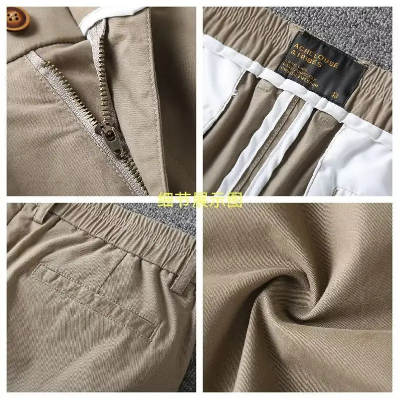 Men casual slim fit cargo shorts in beige chino style with elastic waistband side pockets and subtle woven texture