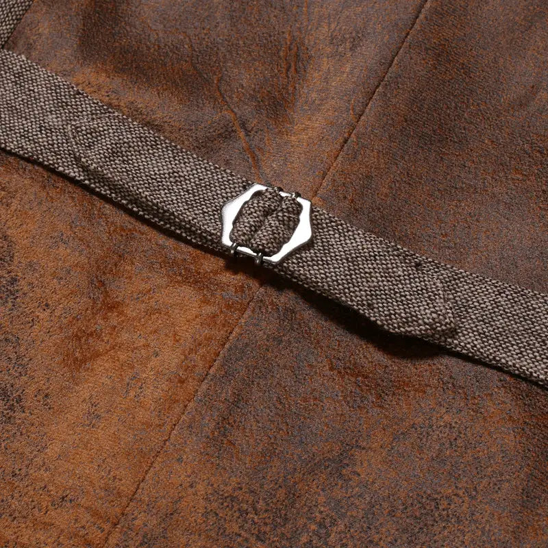 Ein brauner, strukturierter Stoffgürtel mit silberfarben wirkender Metallschnalle, passend zur Herren-Tweedweste im Slim-Fit im Business-Casual-Stil.