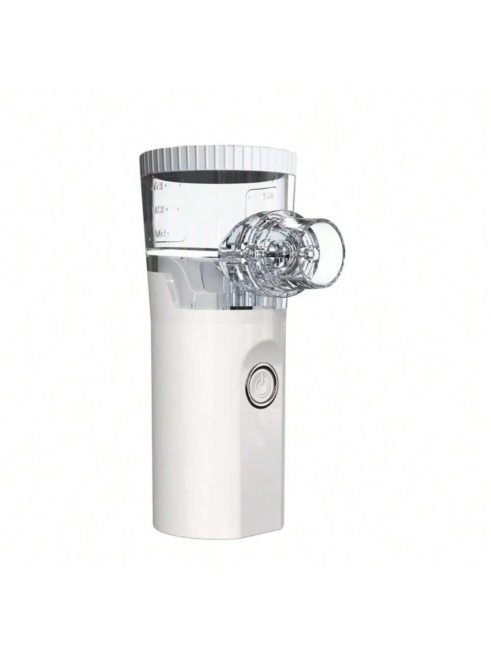 White handheld portable rechargeable nano mist facial hydration nebulizer with clear glass mouthpiece and measurement markings on its transparent upper chamber.