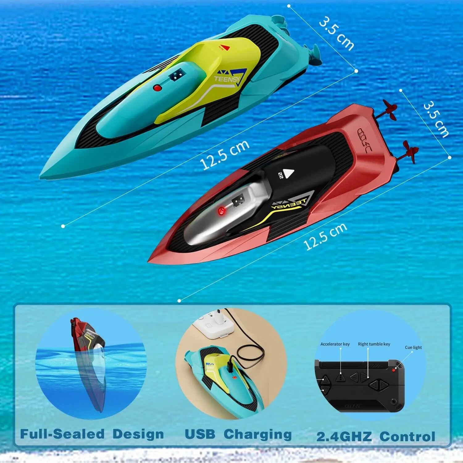 Deux bateaux à moteur télécommandés, bateau rc 4drc s5, bateau de course rapide pour enfants, en turquoise et jaune avec des accents noirs, ainsi qu’un second rouge et noir avec des bordures argentées, comportant une identité de marque teeny.