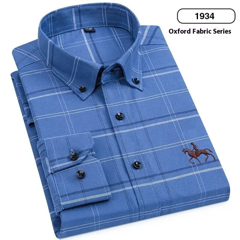 Men’s striped cotton embroidered button down shirt in blue plaid with a subtle white grid pattern black buttons and an embroidered polo player logo on the chest.