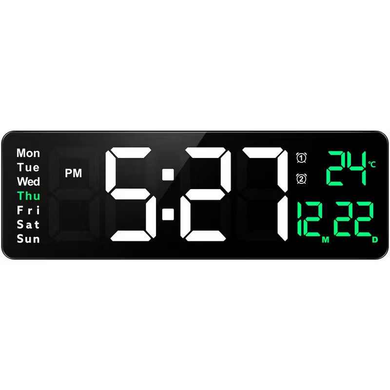 Black 16 inch digital led wall clock with remote and dimmer features white and green led displays showing time day of week date temperature and alarm indicators.