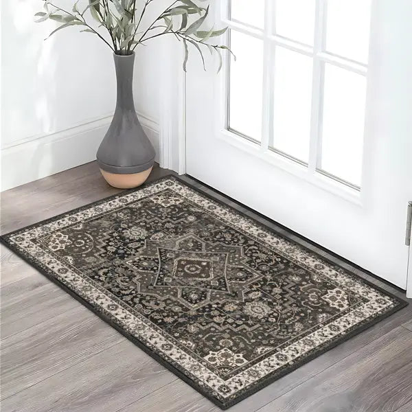 Juego rectangular de alfombra de cocina bohemia lavable de color marrón oscuro y crema, con diseños antideslizantes intrincados florales y geométricos.