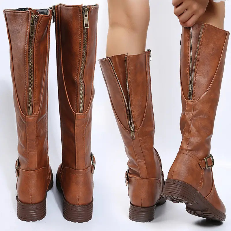 Leather knee high knight boots in brown featuring a side zipper and an ankle buckle strap made of leather.