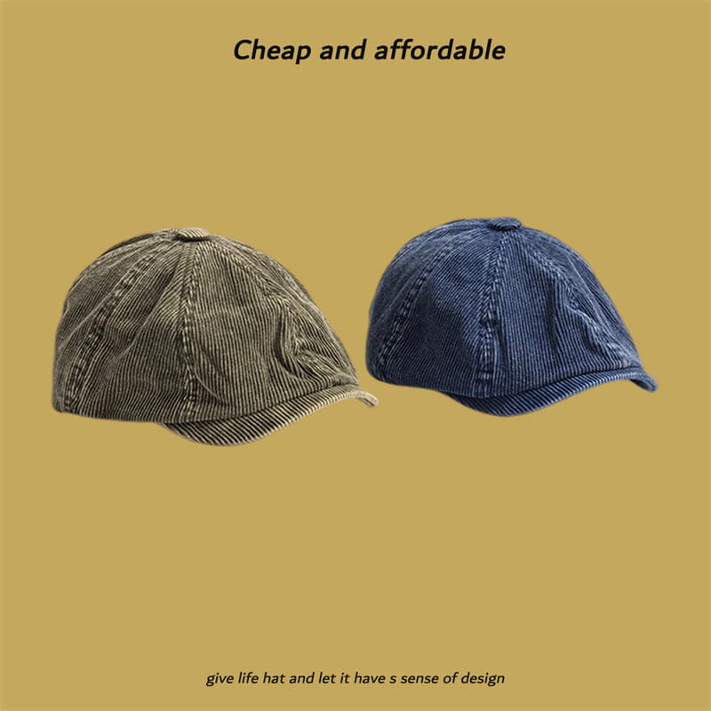 Two corduroy eight panel retro newsboy caps in muted olive and dark blue denim flat cap styles.