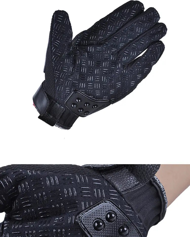 Black alloy knuckle motorcycle riding glove with textured grip pattern and reinforced palm padding shown from the back side.