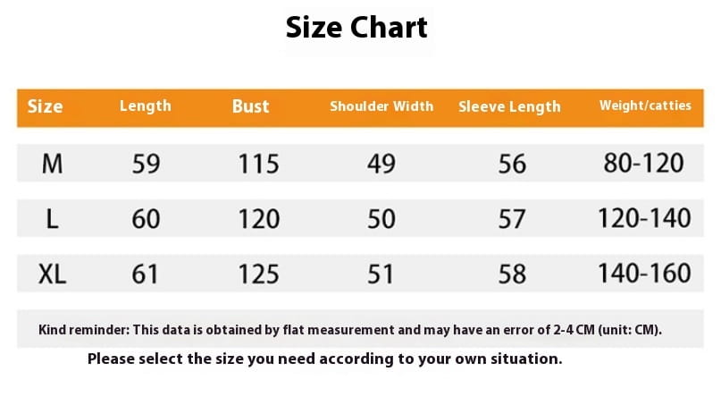 Guide des tailles pour la veste courte matelassée à capuche pour femme, manteau d’hiver chaud, indiquant les mesures en centimètres pour les tailles M, L et XL.