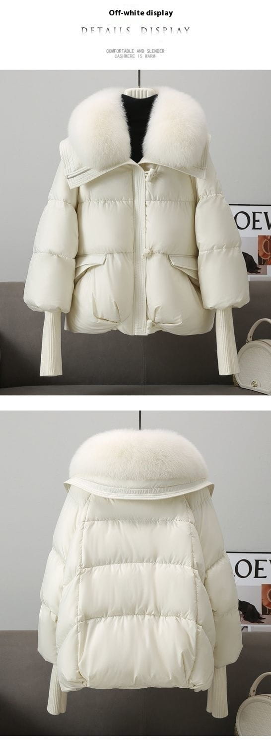 Women short off-white down puffer jacket with a quilted design and a plush fluffy fur-lined hood.