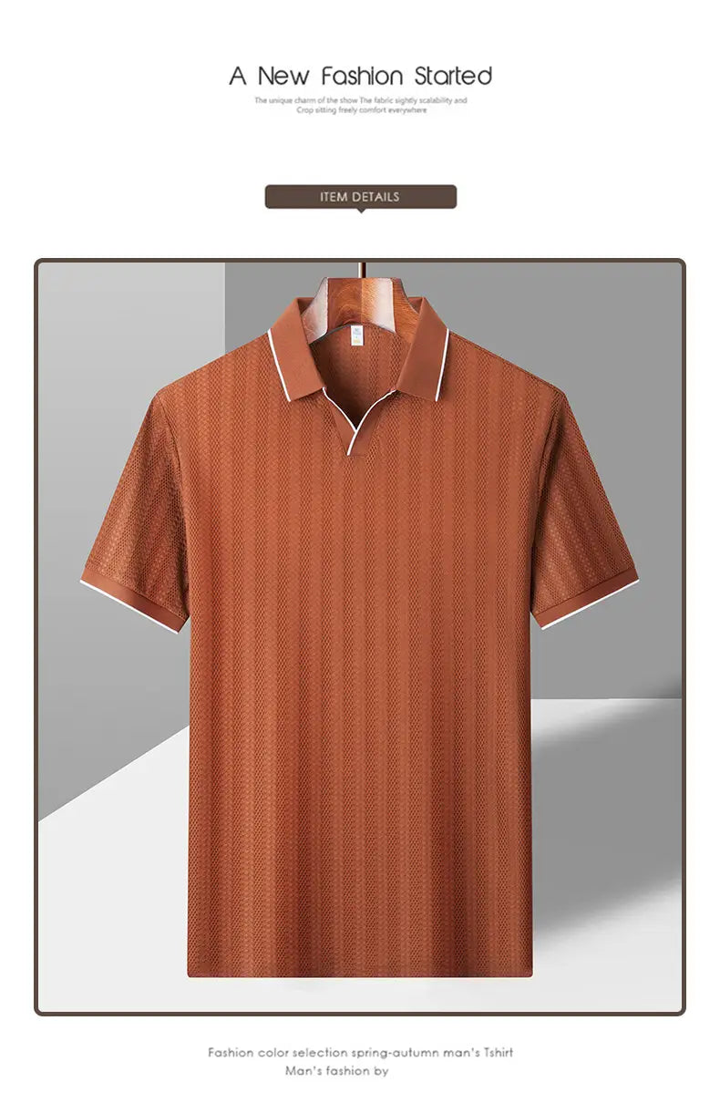 A rust-colored men’s textured ice silk polo shirt with short sleeves and white contrast trim along the collar and sleeve edges.