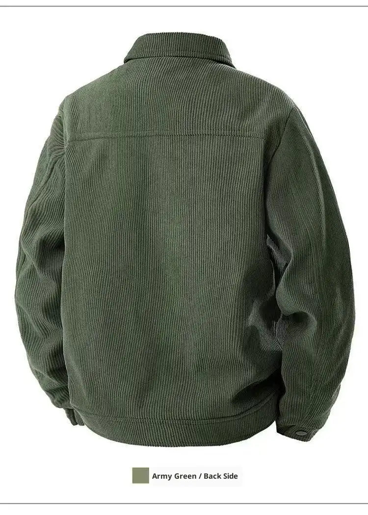 Herren-Cord-Arbeitsjacke im Stil legeres Revers in Armeegrün mit gerippter Textur und klassischem Kragen