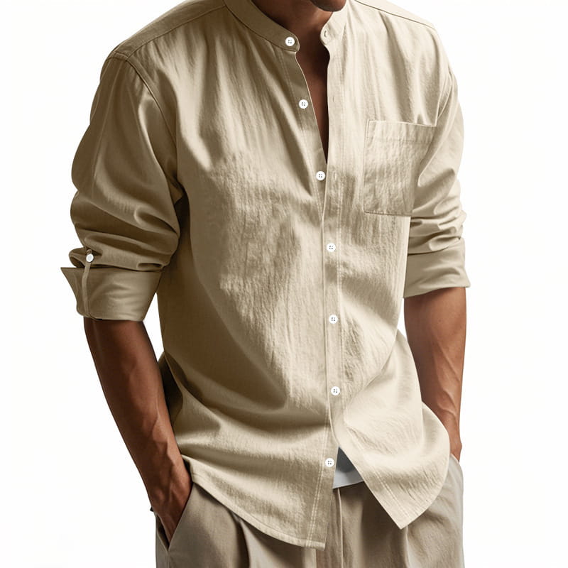 Men’s casual beige linen button-down shirt with rolled sleeves and chest pocket designed for comfort and style.
