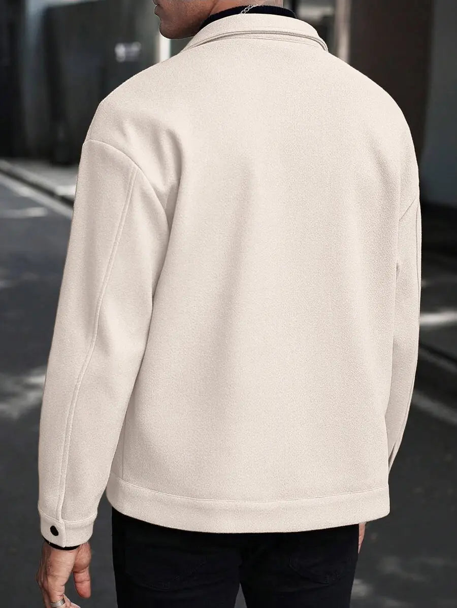 Men’s classic slim fit wool blend lapel jacket in cream color featuring a soft-textured fleece material with a classic collar and ribbed cuffs.