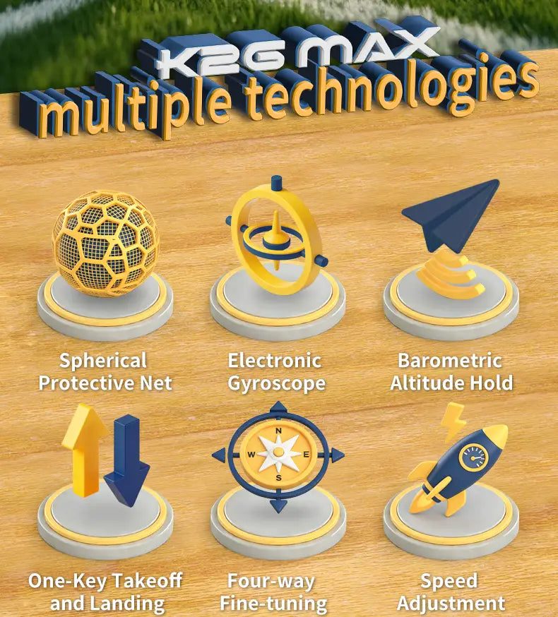 the k26 football drone blue spherical cage toy features a protective spherical net, electronic gyroscope, barometric altitude hold, one-key takeoff and landing, four-way fine-tuning, and speed adjustment with dual battery for enhanced flight performance.