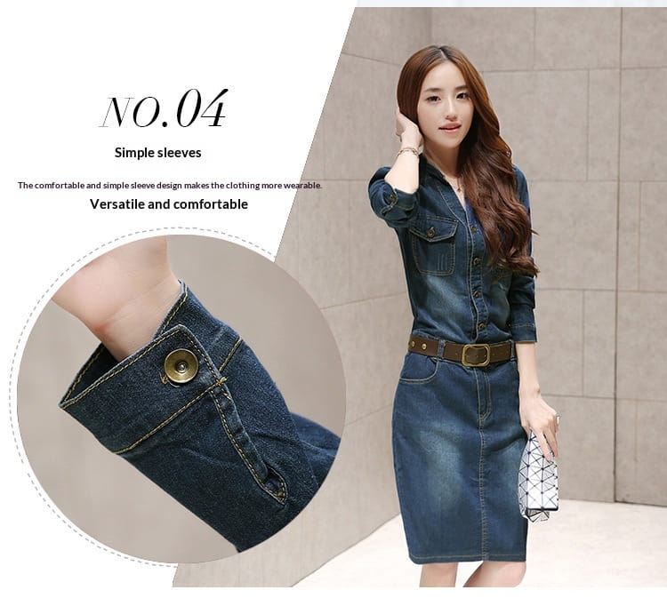 elegant high waist button down denim midi dress in blue with simple sleeves and a fitted silhouette