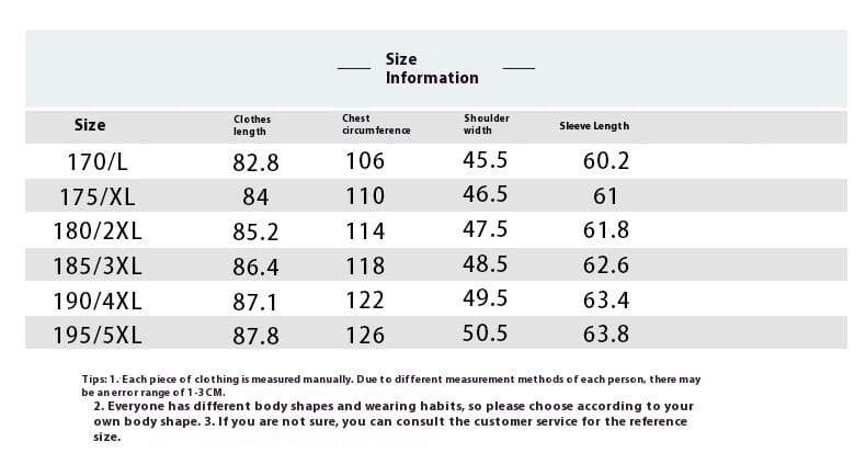 Size information chart for a men’s faux fur winter coat displaying measurements in centimeters for sizes ranging from 170 l to 195 5xl.
