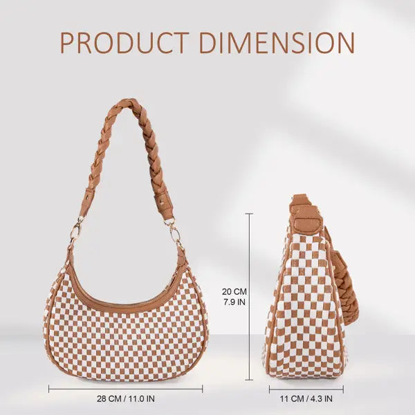 A tan and white checkered woven vegan leather hobo shoulder bag with a braided leather strap.