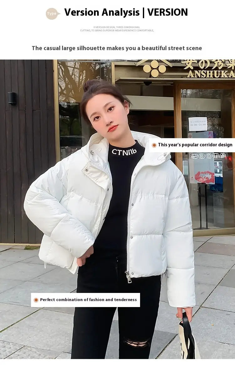 white women hooded short down jacket with a casual oversized silhouette and quilted design