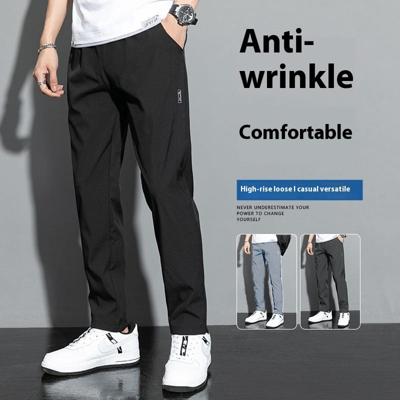 Pantalon décontracté pour hommes en soie de glace à séchage rapide, taille haute, ample, noir, avec tissu lisse anti-froissement et détails discrets de poche latérale