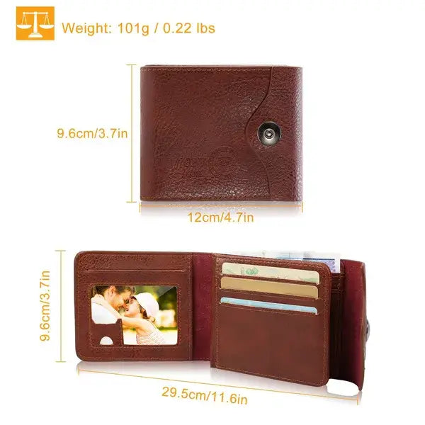 Men’s rfid blocking brown pu leather bifold wallet with snap closure and photo pocket.