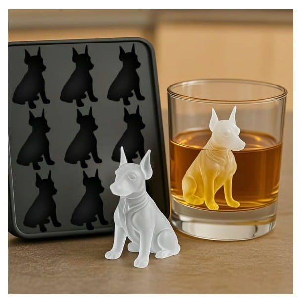 weiße Silikon-Eiswürfelform in Hundform aus dem Set aus Silikon-Dog-and-Godzilla-Eiswürfelformen, ausgelegt für die Herstellung thematischer Eiswürfel.