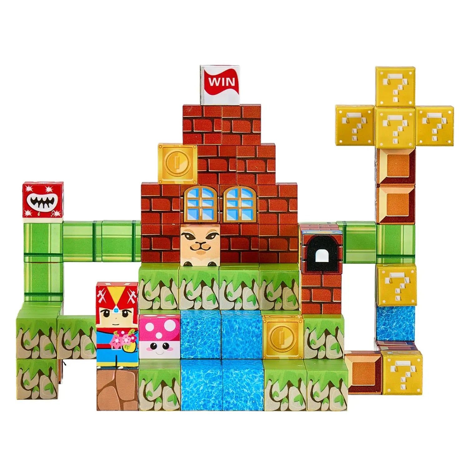 Bunte, ineinandergreifende Magnet-Bausteine in Rot, Grün und Blau bilden eine lebendige Super-Mario-Themenburg mit Figuren der Charaktere in den magnetischen Blöcken, 100-teiliger Mario-STEM-Baustein-Bausatz.