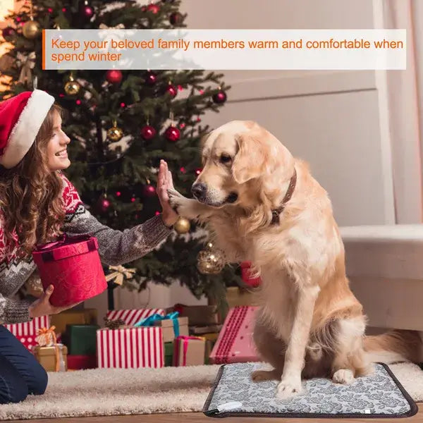 A cozy pet heating pad waterproof electric mat featuring a patterned light-colored floral design with a dark border.