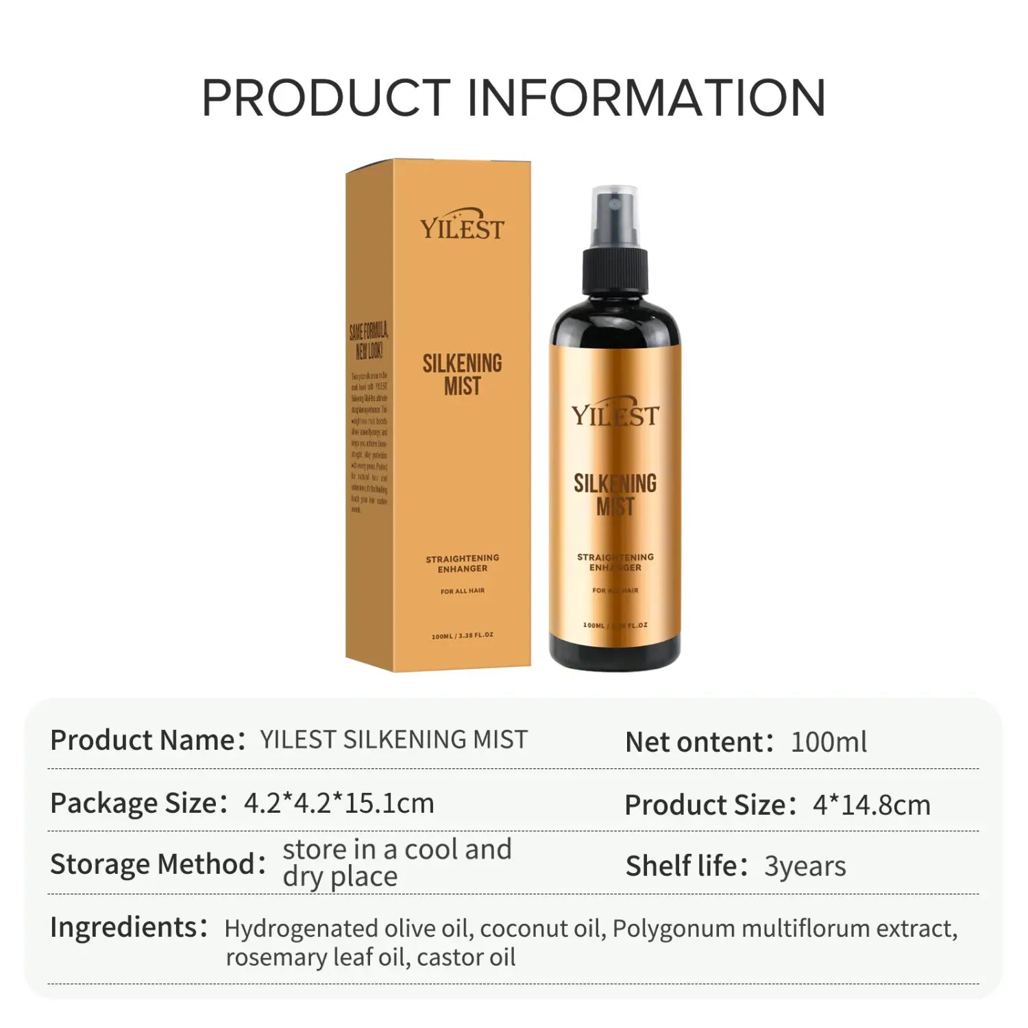 Yilest silkening mist hair spray oil control 100ml in a sleek black bottle with an elegant gold label and spray nozzle presented alongside its matching golden box.