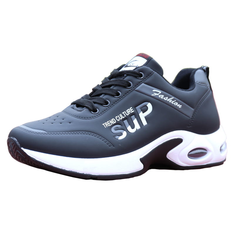 Men’s casual sportswear leather running shoes in dark gray with a white midsole black laces and trend culture sup branding in silver lettering.