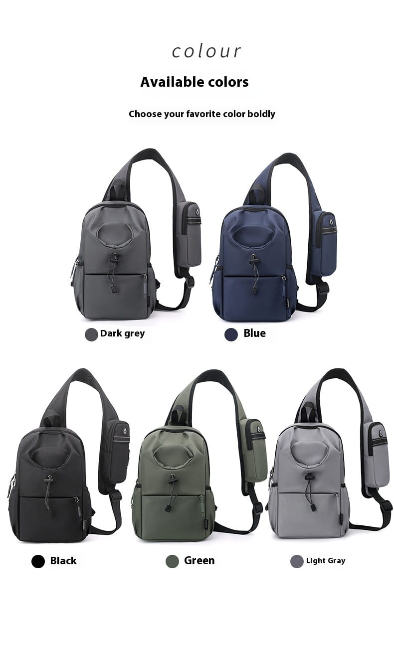 Wasserdichte Herren-Oxford-Gewebe-Minimalist-Crossbody-Brusttaschen in dunkelgraublau, schwarz, grün und hellgrauem Nylon mit verstellbaren Trägern und mehreren geklippten Reißverschlussfächern.
