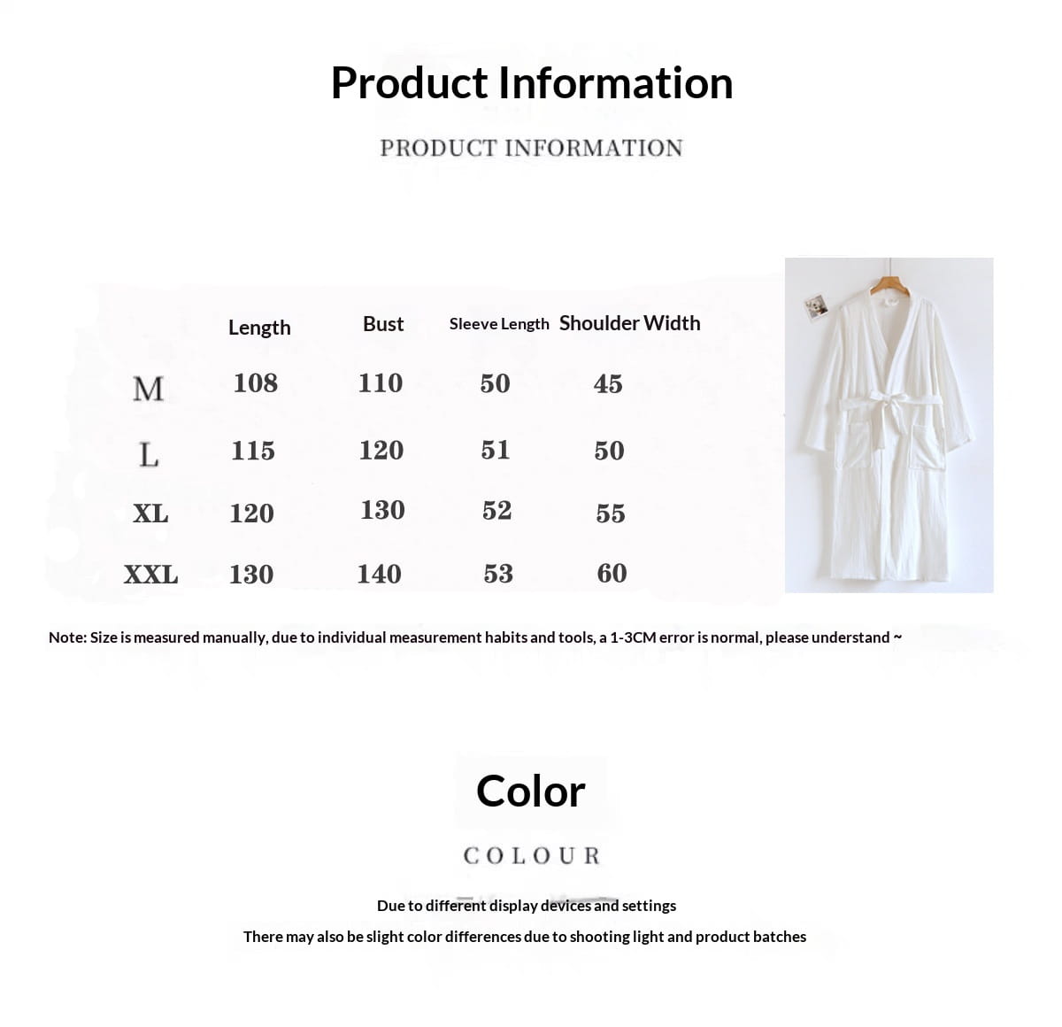 Peignoir en gaze de coton blanc pour homme, à fermeture ceinturée et manches longues.