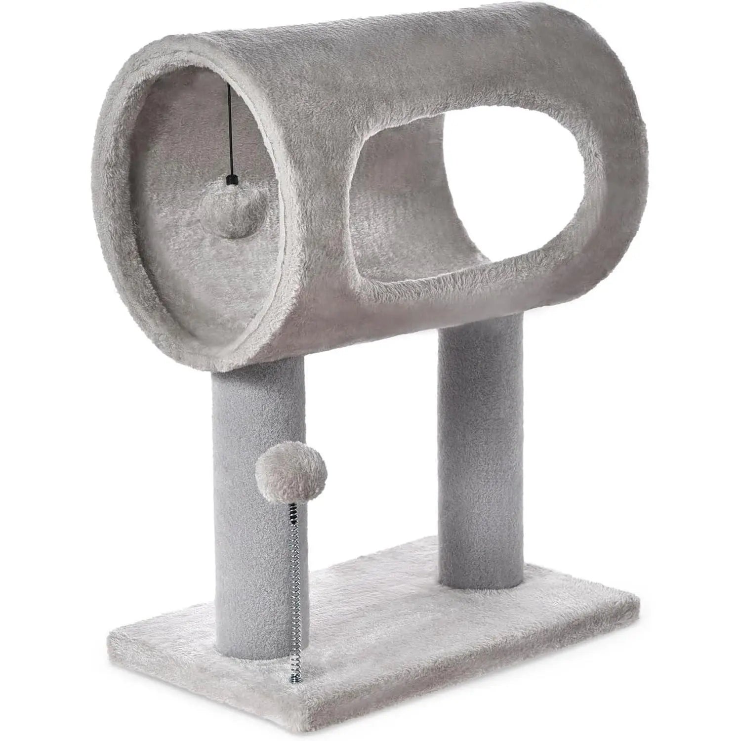 Gray cat tree with tunnel and scratching post features gray plush material, two vertical posts, and dangling pom-pom toys for cat entertainment.