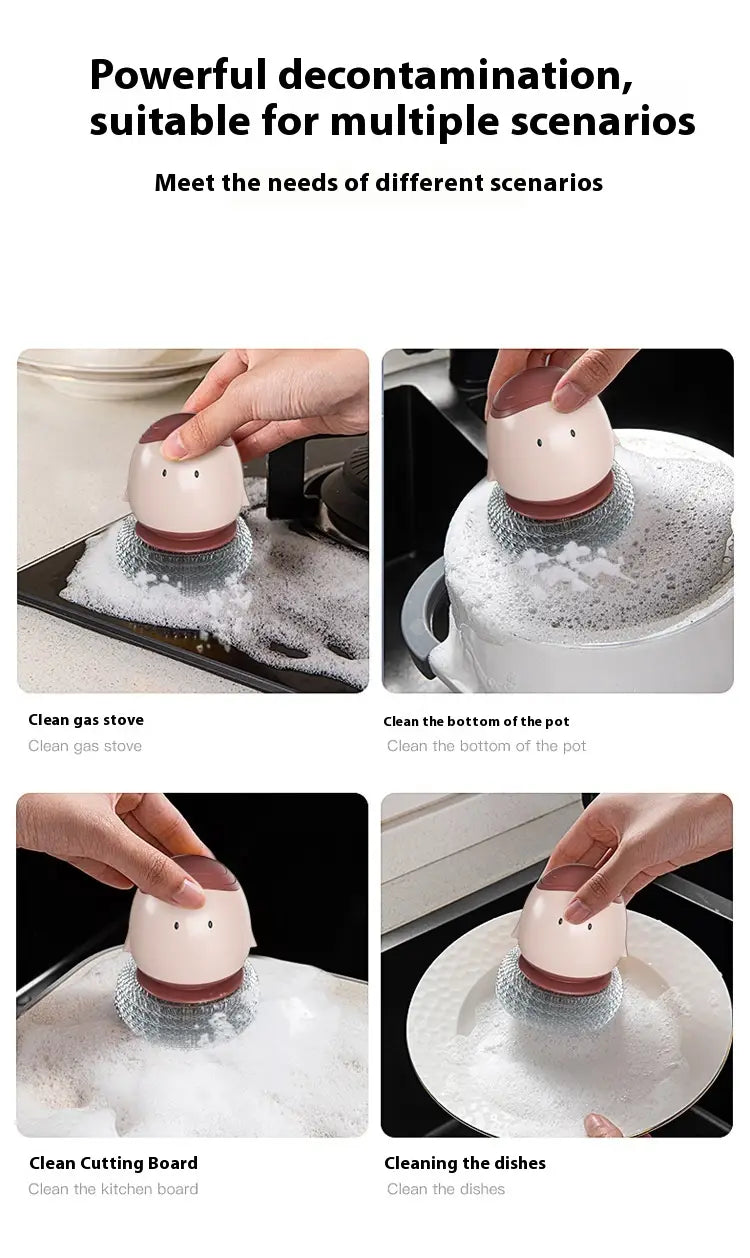 récurant-distributeur automatique de savon liquide à base en maille, avec visage de dessin animé rose et blanc, conçu pour le nettoyage des surfaces de cuisine