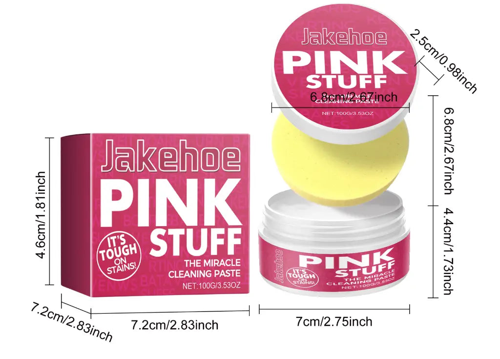 Jakehoe pink stuff kitchen cleaning paste multi purpose stain remover in a vibrant pink and white jar with a yellow sponge included for effective cleaning.