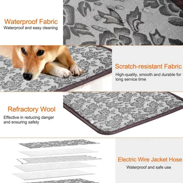 Gray floral-patterned pet heating pad waterproof electric mat with dark brown border and layered construction for durability.