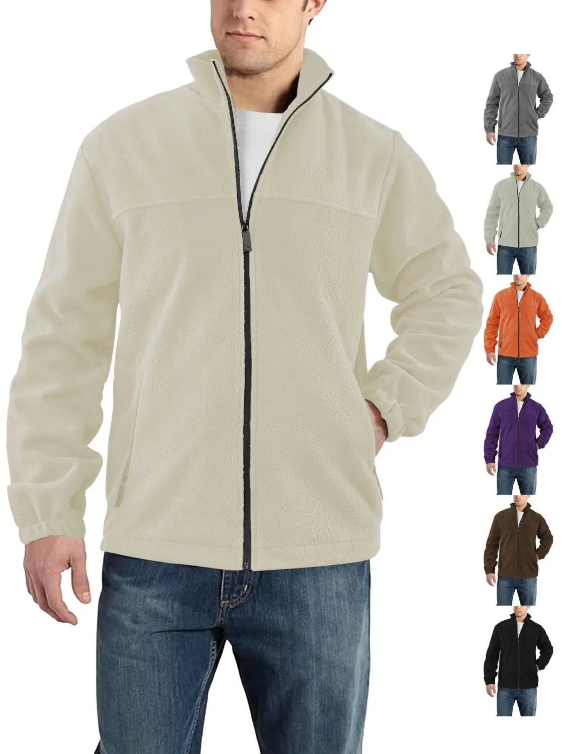 Chaqueta polar para hombre de cierre completo con cuello alto en color crema, con cremallera negra y puños acanalados fabricados con material de forro polar suave.