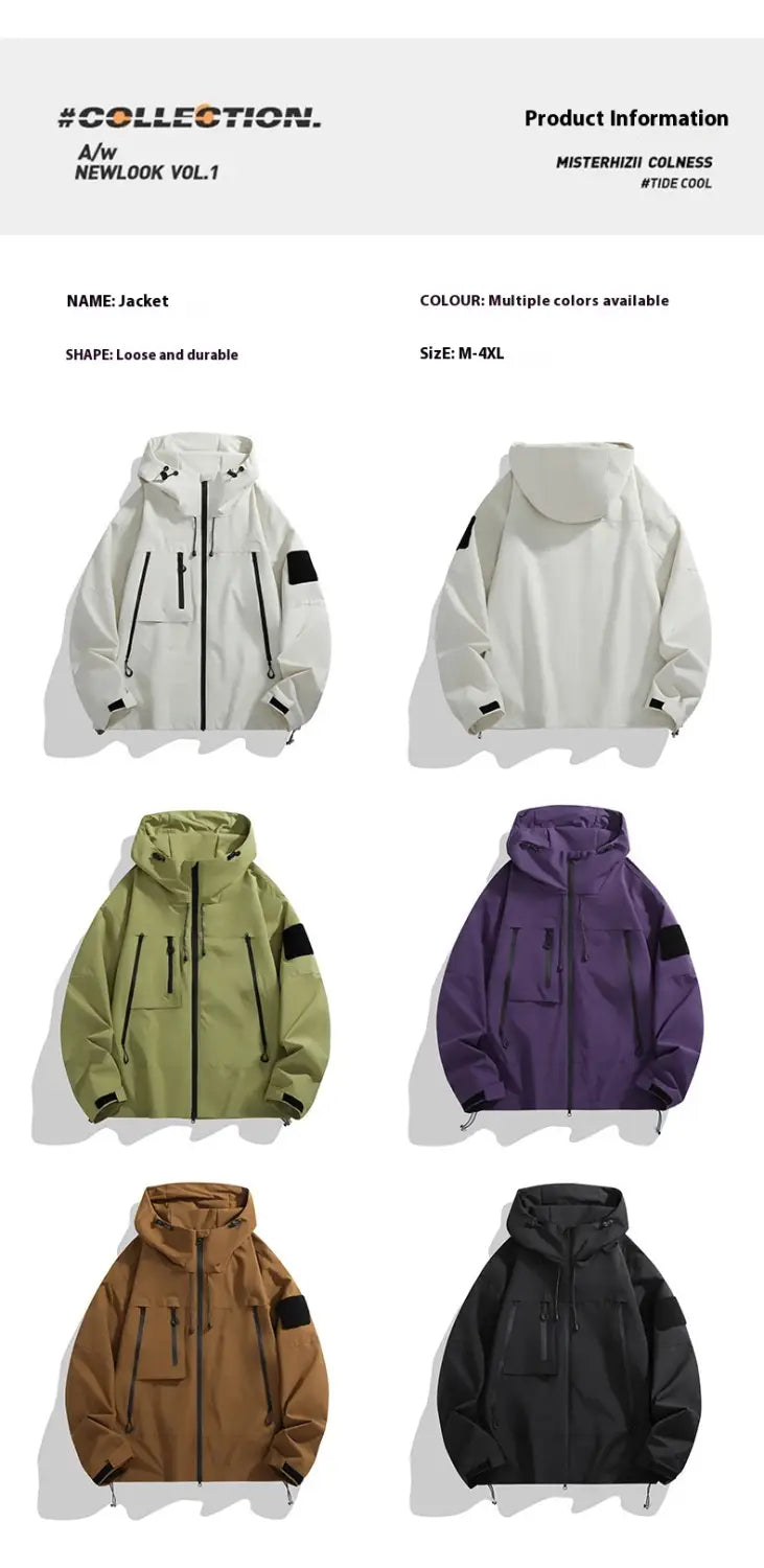 Eine moderne taktische Kapuzen-Shelljacke mit Ärmelpatch-Details in mehreren Farben, einschließlich Weiß, Olivgrün, Lila, Beige und Schwarz, für den Outdoor-Einsatz konzipiert.