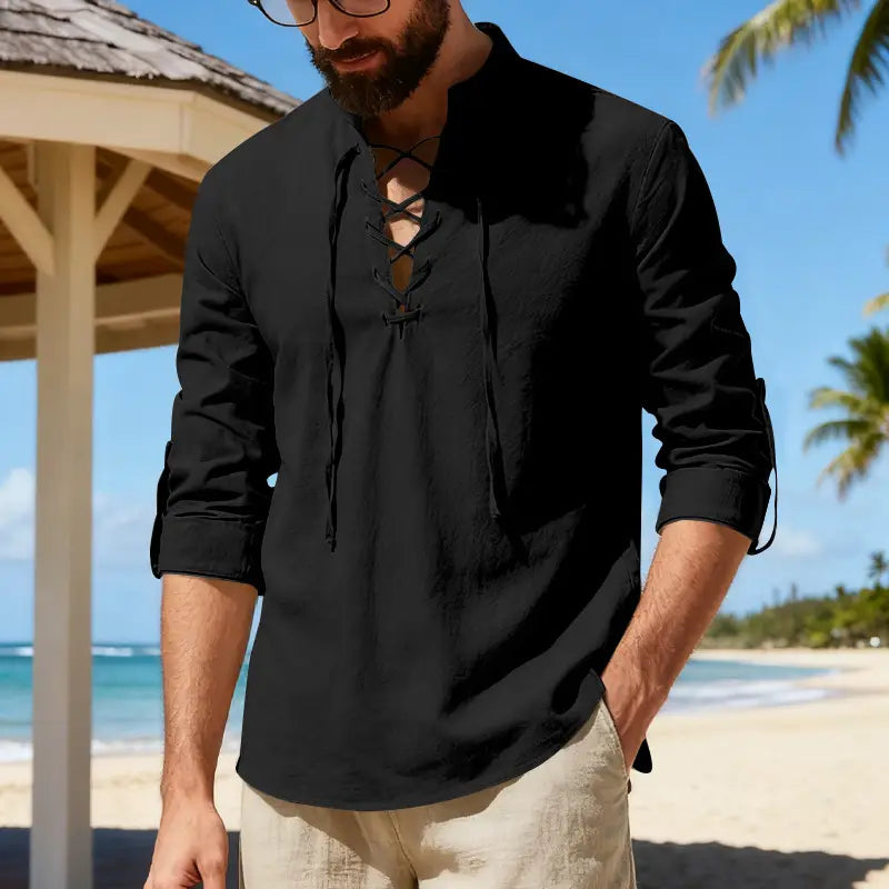 Camisa tipo henley de lino para hombre negra, de manga larga, con cordones, con mangas arremangables y puños arremangados