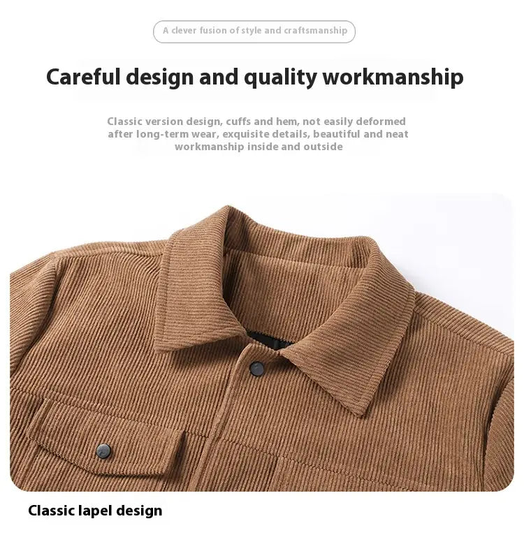 Herren-Cordjacke im Casual-Stil in Braun mit klassischem Reversdesign und dunklen Knöpfen.