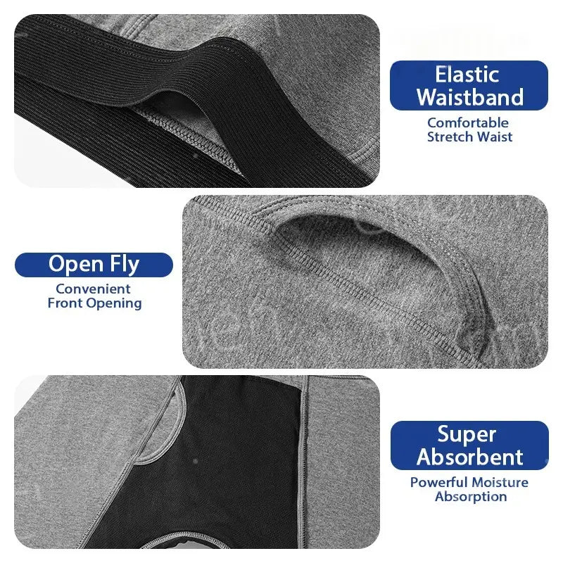 Caleçons boxers moulants athlétiques gris à absorbance pour l’incontinence, avec une taille élastique, une ouverture à l’avant de type gousset et un tissu super absorbant.