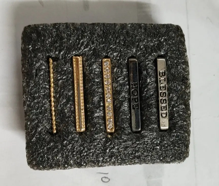 Set of five gold-toned and silver-toned bar-style earrings featuring one with embedded diamonds and two engraved with hope and blessed in the gold embellished silicone strap decorative ring set.