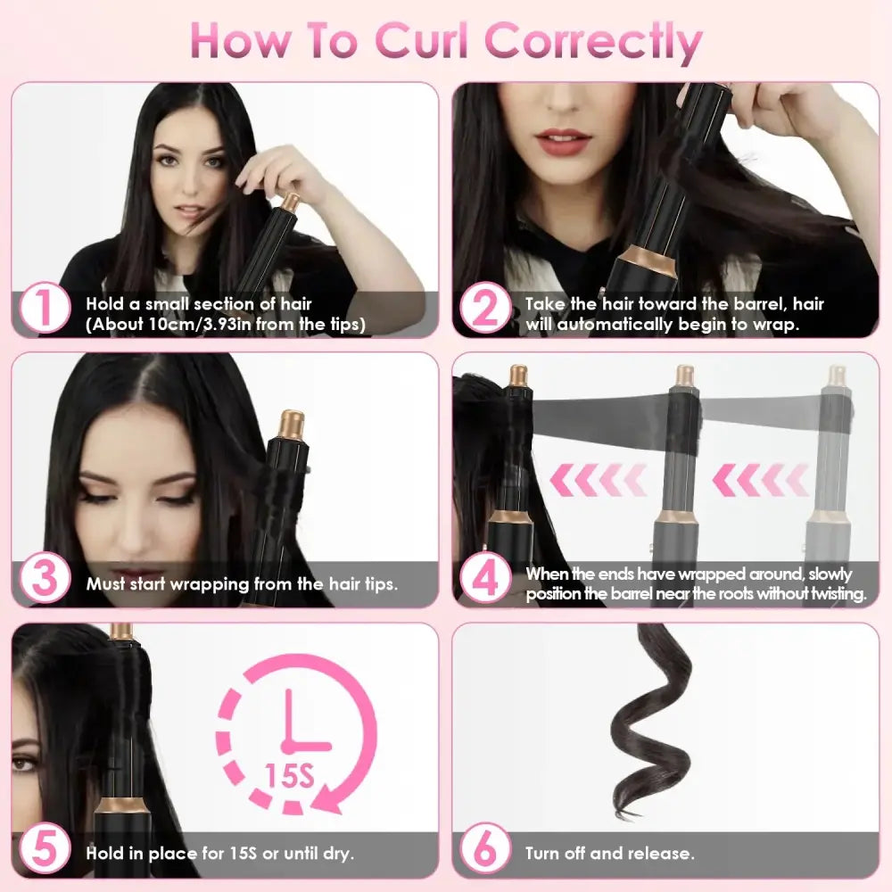 Black and gold ionic curling iron with cylindrical barrel design in 5-in-1 hot air styler set