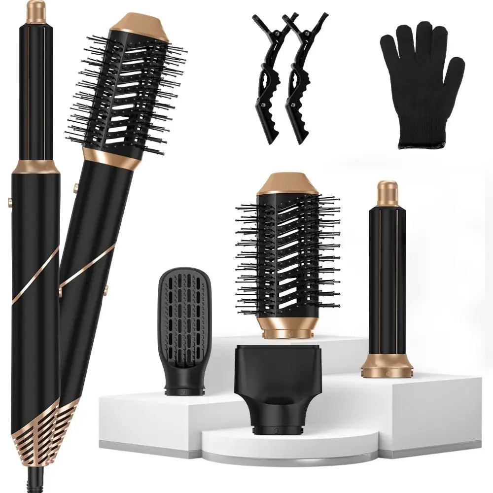 5-in-1 black and gold ionic hot air styler set with multi-functional attachments for versatile hair styling