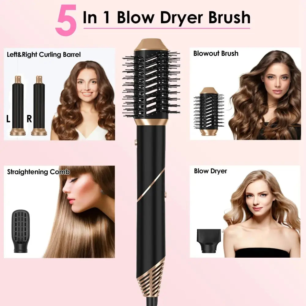 5-in-1 black and gold ionic hot air styler set with interchangeable attachments for curling straightening and styling hair