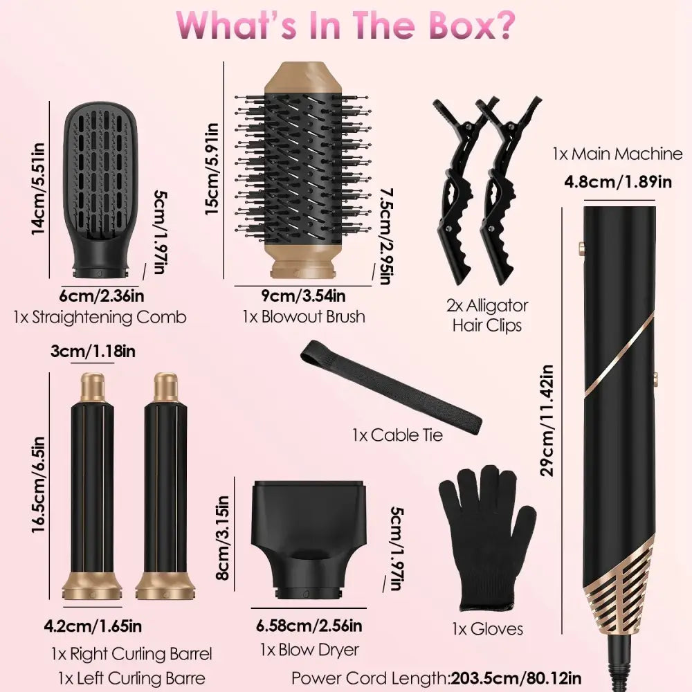 Black and gold 5-in-1 ionic hot air styler set with sleek modern main machine for versatile hair styling use