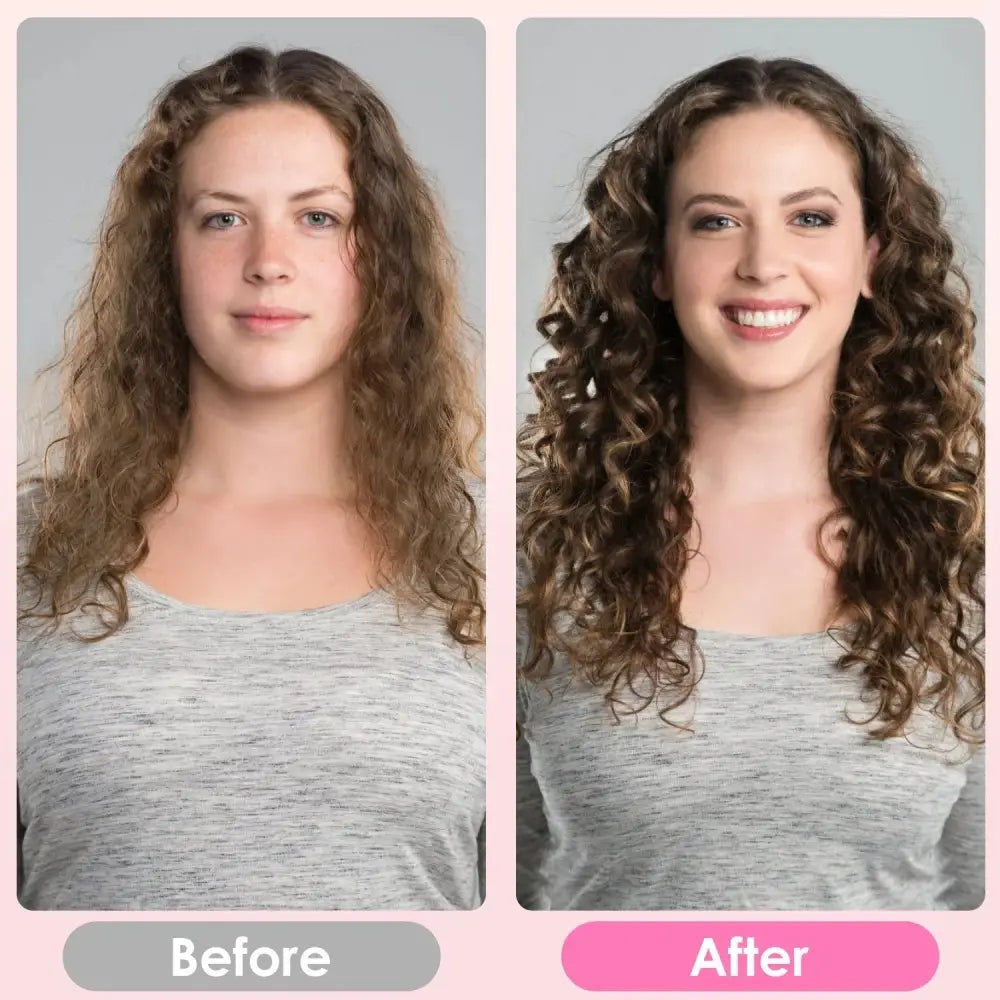 A woman with long curly brown hair wearing a gray heathered top using a 5-in-1 black and gold ionic hot air styler set