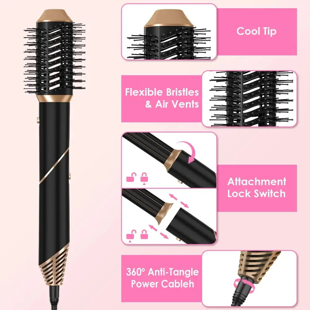 Black and gold 5-in-1 ionic hot air styler brush with flexible bristles cool tip and detachable barrel