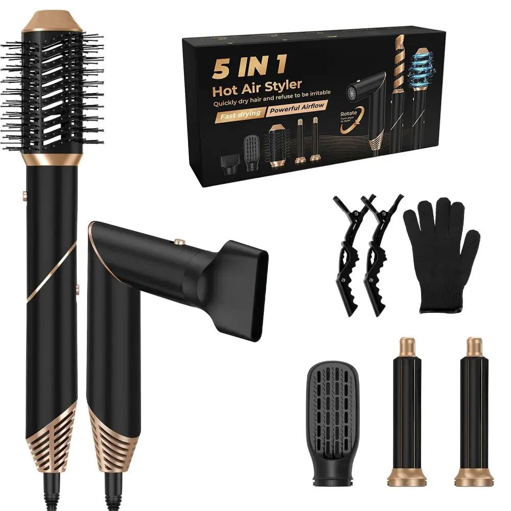 Black and gold 5-in-1 ionic hot air styler set with multiple attachments for styling drying and curling hair